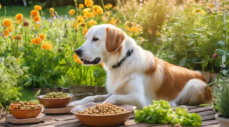 healthy dog eating natural food in a sunny garden