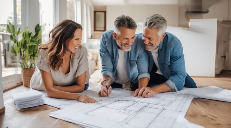 home renovation couple planning with blueprints